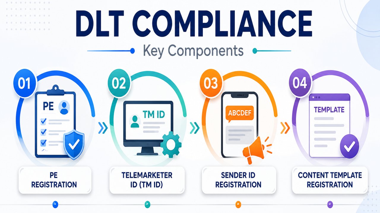 DLT compliance infographic showing PE registration, TM ID, Sender ID registration, and content template approval.
