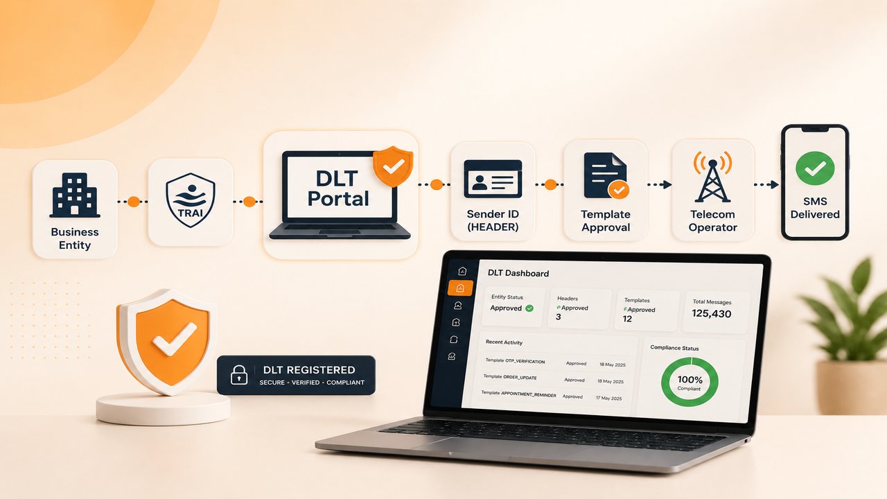 DLT registration for bulk SMS in India showing TRAI compliance, Sender ID registration, template approval, telecom verification, and SMS delivery workflow