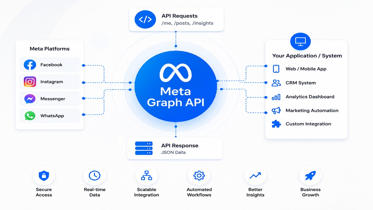 Professional illustration of Meta Graph API connecting Facebook, Instagram, Messenger, and business applications through secure API integration for automation, analytics, and customer engagement.