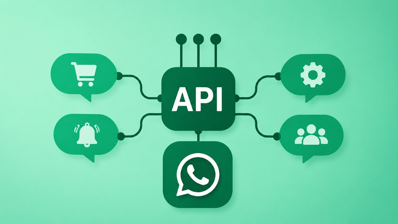 Minimalist illustration of WhatsApp Business API connected to business applications for automated messaging, notifications, customer support, eCommerce, and workflow integration.
